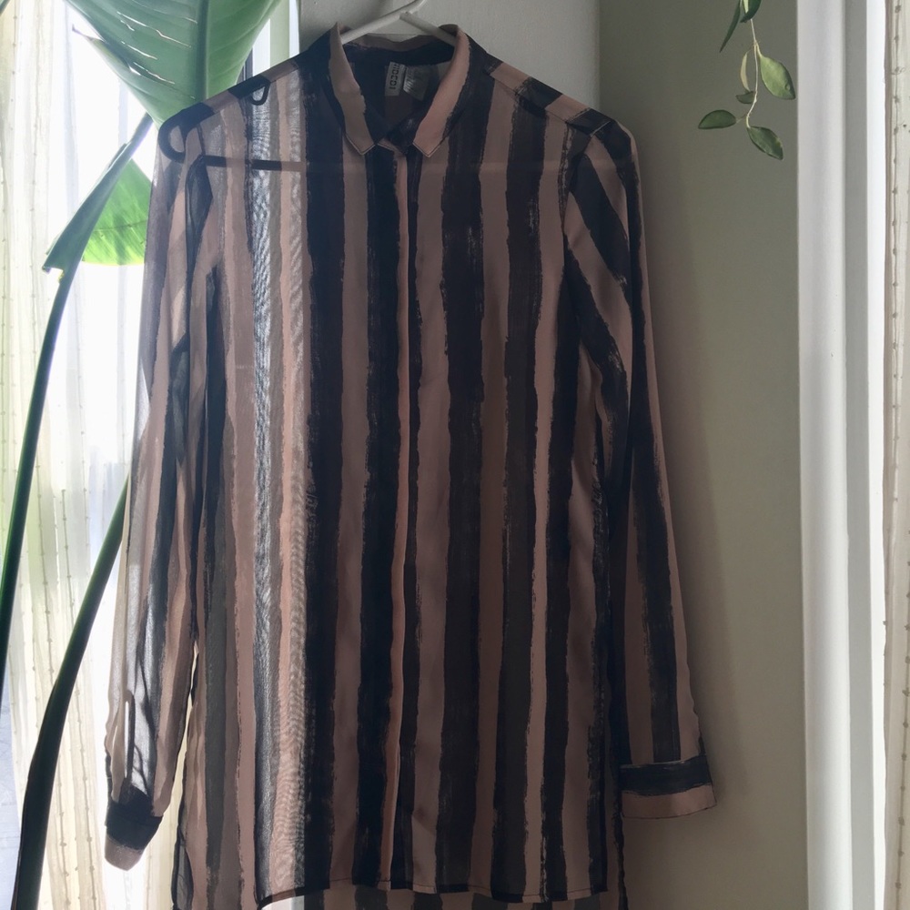 H&M longsleeved pink & black striped sheer shirt